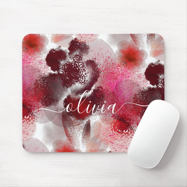 Mousepad Monograma de Assinatura Floral Vermelha na moda (Com mouse)