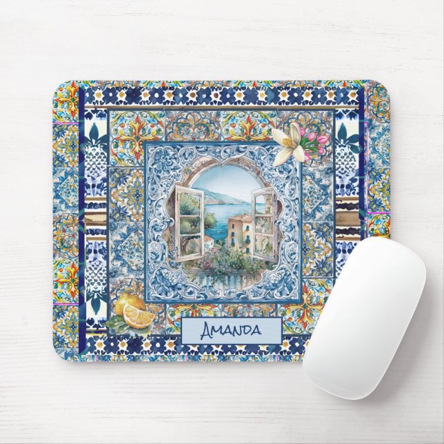 Mousepad monograma de azulejos florais azuis-italianos de v (Com mouse)