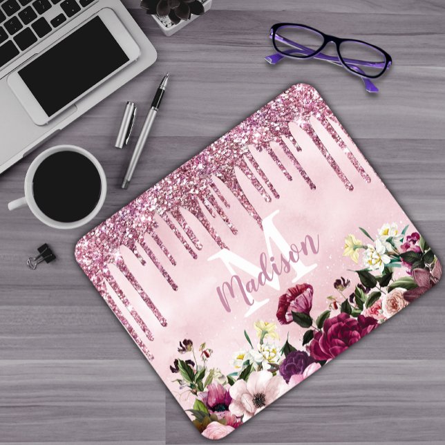 Mousepad Monograma de brilho cor-de-rosa pingando floreado (Criador carregado)