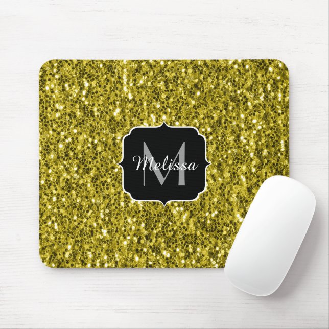 Mousepad Monograma de brilho falso dourado escuro amarelo (Com mouse)