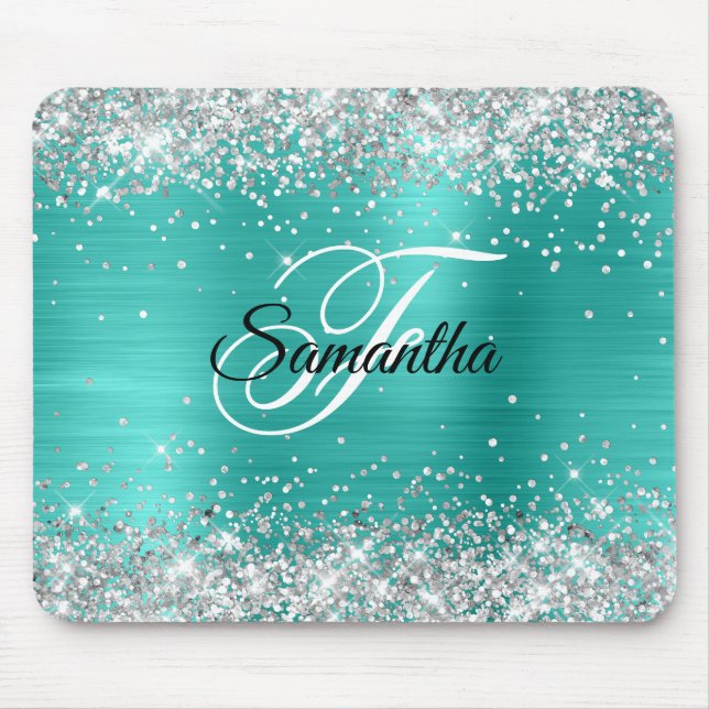 Mousepad Monograma de Brilho Prateado Falso em Folha de Tur (Frente)