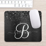Mousepad Monograma de brilho preto personalizado<br><div class="desc">Personalize facilmente esta moda elegante do mouse design com brilho bonito preto brilhante em um fundo metálico escovado preto.</div>