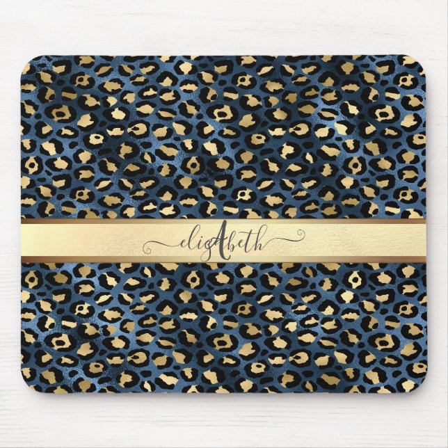 Mousepad Monograma de Bronze Preto-Padrão-Leopardo (Frente)