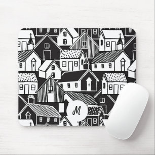 Mousepad Monograma de Casas Desenhadas à Mão em Preto e Bra