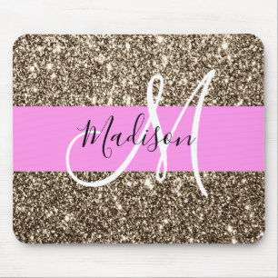 Mousepad Monograma de Champanhe Rosa Glam Dourado Glitter S
