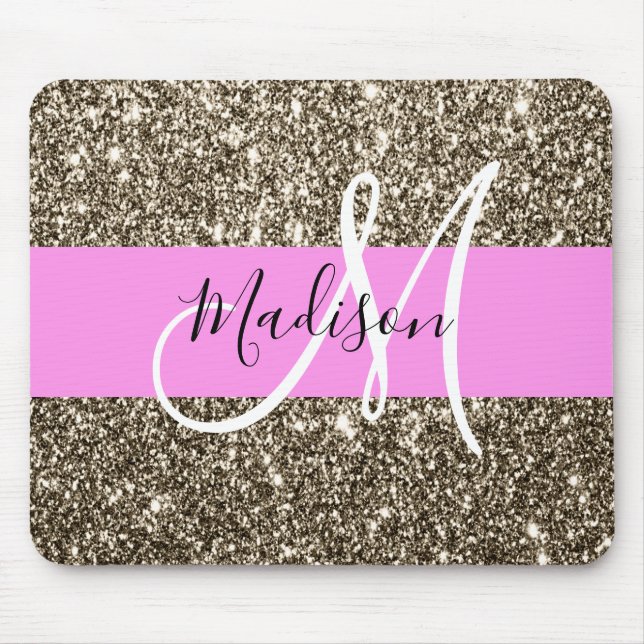 Mousepad Monograma de Champanhe Rosa Glam Dourado Glitter S (Frente)