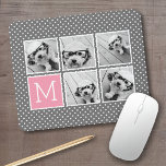 Mousepad Monograma de Colagem de Fotografias com cinza e In<br><div class="desc">Pastel e White Bolinhas Pattern - Use cinco fotos quadradas para criar um presente exclusivo e pessoal. Ou você pode ficar com o filhote hipster e fazer uma moda. Se precisar ajustar as fotos,  clique na ferramenta personalizar para fazer alterações.</div>