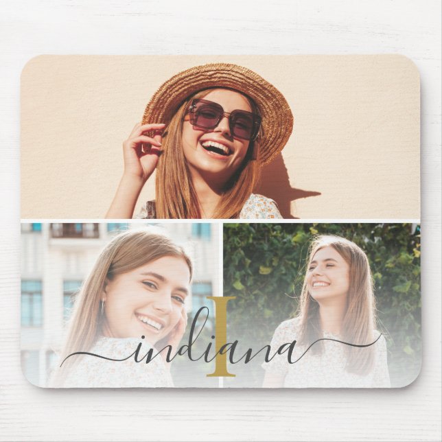 Mousepad Monograma de Colagem de Fotos Elegante (Frente)