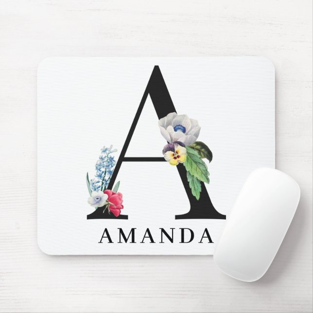 Mousepad Monograma De Floral Personalizado Letra A  (Com mouse)