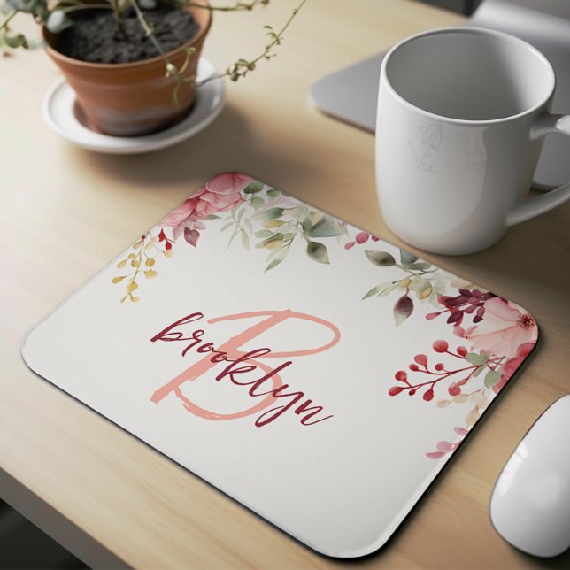 Mousepad Monograma de Floral Rosa Bege Bordô Script  (Criador carregado)