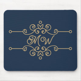 Mousepad Monograma de Floreio Elegante Azul-Elegante Dourad