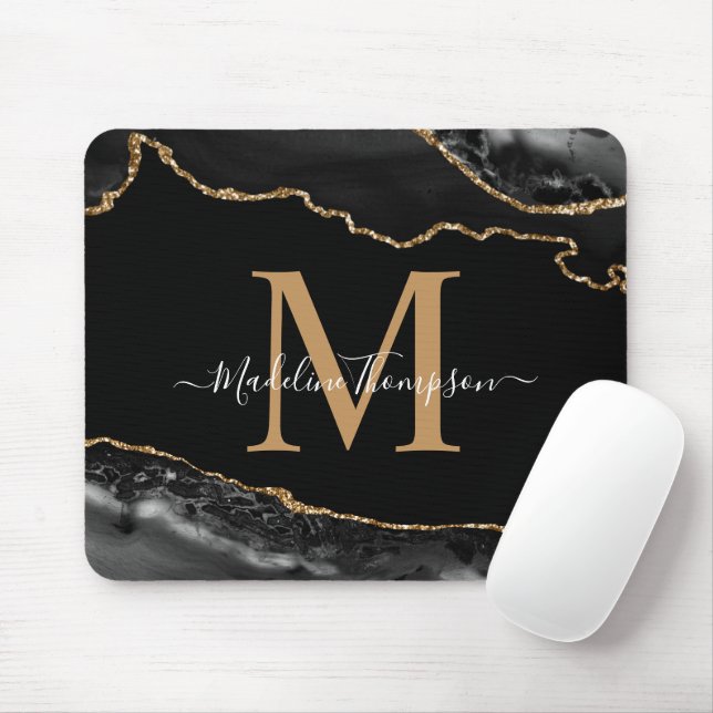 Mousepad Monograma de Geodo de Ágata Preto e Dourado (Com mouse)