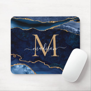 Mousepad Monograma de Geodo de Agate Dourado Azul do Marinh