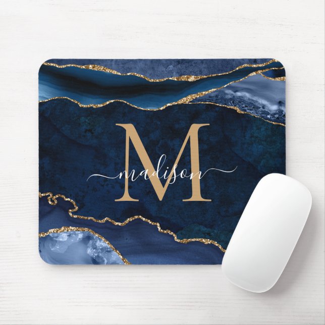 Mousepad Monograma de Geodo de Agate Dourado Azul do Marinh (Com mouse)