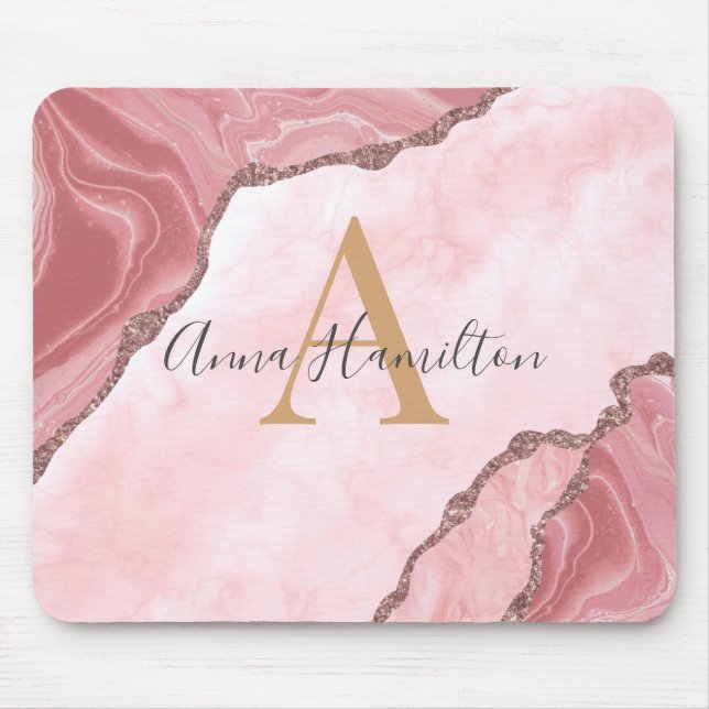 Mousepad Monograma de Geodo Rosa, Escamudo Elegante Moderno (Frente)