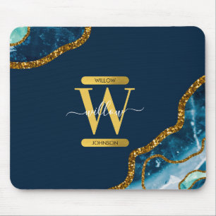 Mousepad Monograma de Glitter de Geodo de Agato Azul e Dour