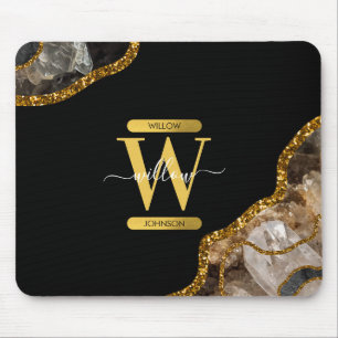 Mousepad Monograma de Glitter de Geodo de Agato Preto e Dou