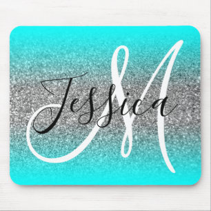 Mousepad Monograma de Glitter de Silver Ombre de Borda Aqua