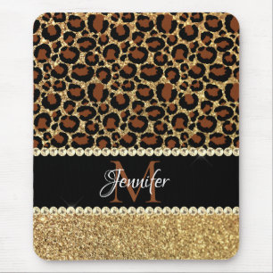 Mousepad Monograma de Glitter Menor Leopard Dourado