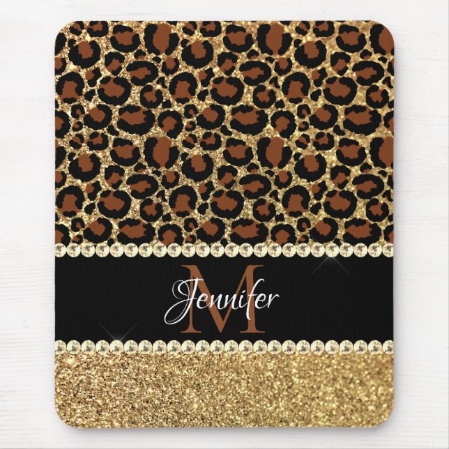 Mousepad Monograma de Glitter Menor Leopard Dourado (Frente)