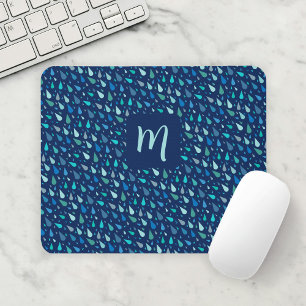 Mousepad Monograma de gotas de chuva azul moderno