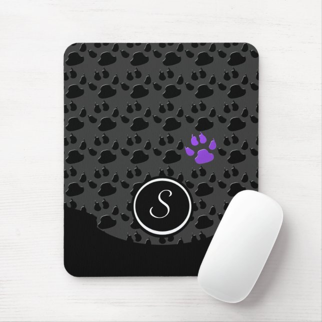 Mousepad Monograma de Impressão de Pata Preta e Roxa (Com mouse)