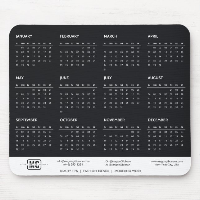 Mousepad Monograma de Iniciais de Calendário Personalizável (Frente)