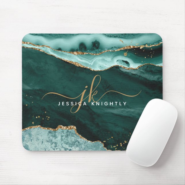 Mousepad Monograma de Letra Dourada de Agato Teal Turquoise (Com mouse)