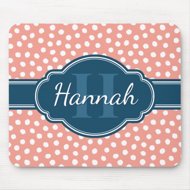 Mousepad Monograma de Marinho de Padrão Branco Cor-de-Rosa (Frente)