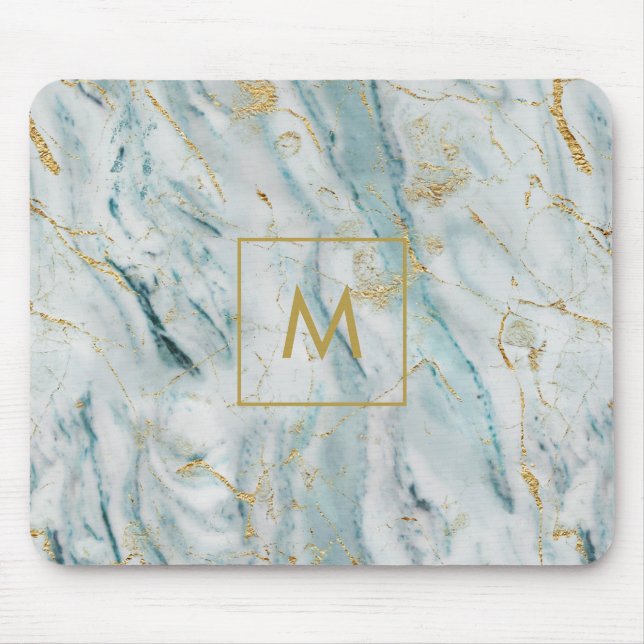 Mousepad Monograma de mármore azul e Dourado (Frente)