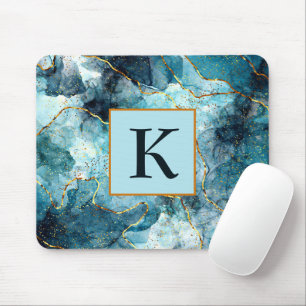 Mousepad Monograma de mármore brilhante azul e dourado