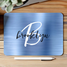 Mousepad Monograma de Metal Escovado Azul Preto Branco Scri