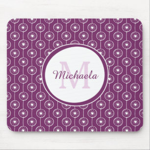 Mousepad Monograma de na moda Purple e White Hearts com Nom