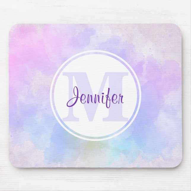 Mousepad Monograma de na moda púrpura cor azul de água (Frente)