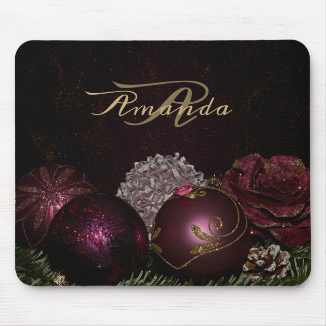 Mousepad Monograma de Natal Enfeite Rosa Verde Preto (Frente)