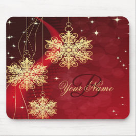 Mousepad Monograma de Natal Nome Ouro Vermelho Flocos de Ne