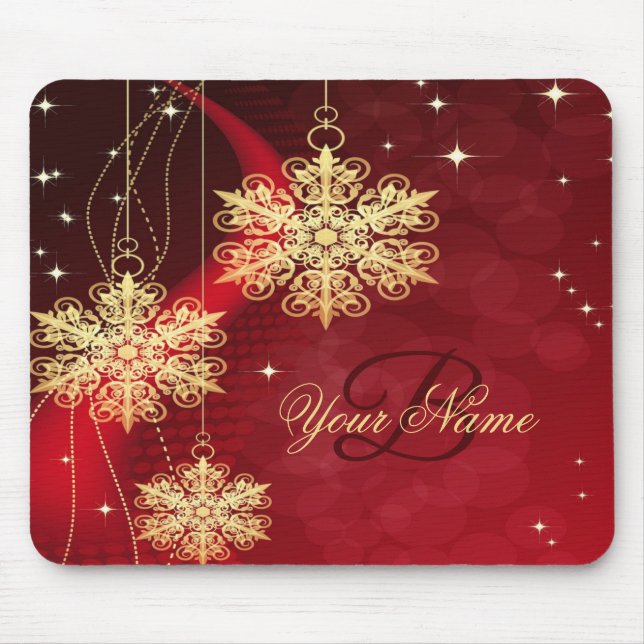 Mousepad Monograma de Natal Nome Ouro Vermelho Flocos de Ne (Frente)