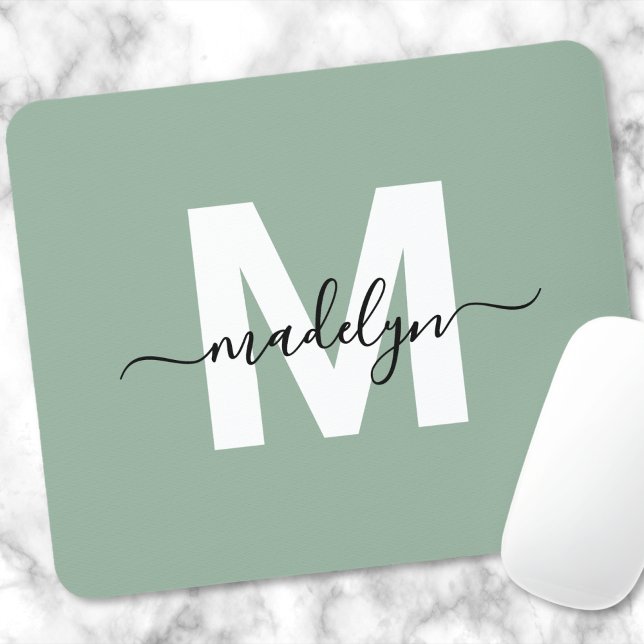 Mousepad Monograma de Nome de Script Moderno Verde (Green Modern Script Name Monogram Mouse Pad)