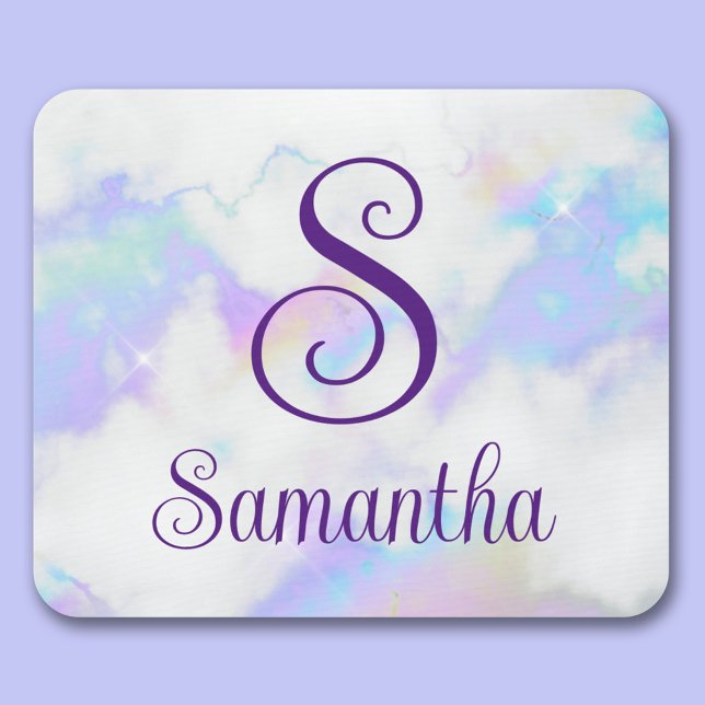Mousepad Monograma de Nome em Mármore Arco-Íris Iridescente (Sparkly Iridescent Rainbow Marble Monogram Name Mouse Pad)