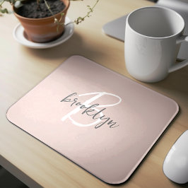 Mousepad Monograma de Nome em Script Rosa Bege Cinza Tendên