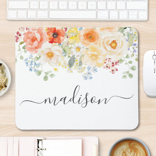 Mousepad Monograma de Nome Personalizado Aquarela Floral En