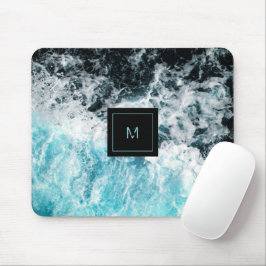 Mousepad Monograma de Ondas do Oceano Negro Azul