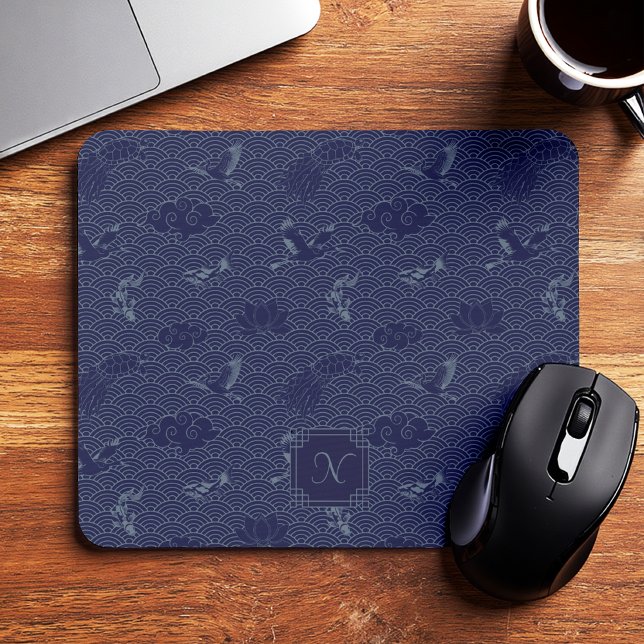 Mousepad Monograma de Ondas Tradicionais em Japonês Azul Se (Criador carregado)