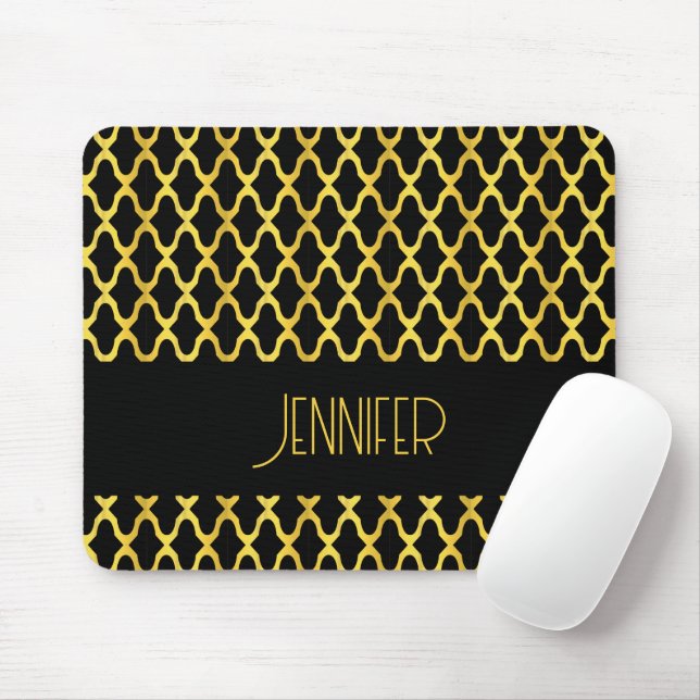 Mousepad Monograma de ouro e quatrefoil preto (Com mouse)