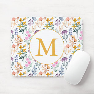 Mousepad Monograma de Padrão de Aquarela de Flor de Primave