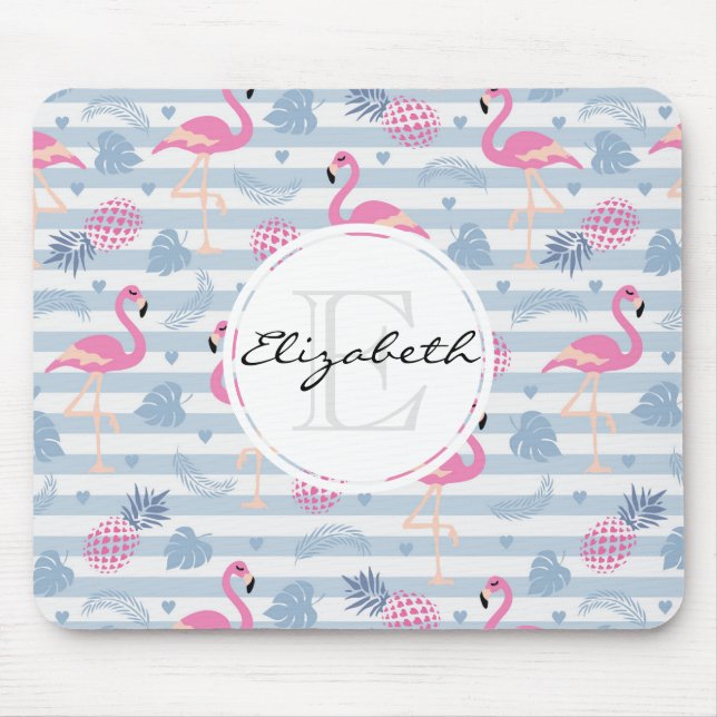 Mousepad Monograma de padrão de Flamingo e abacaxi (Frente)