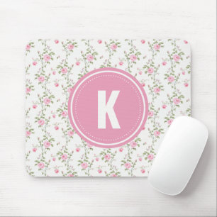 Mousepad Monograma de Padrão de Flores Rosas Elegantes