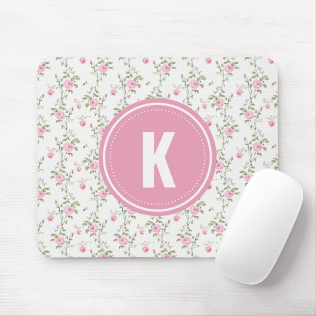 Mousepad Monograma de Padrão de Flores Rosas Elegantes (Com mouse)