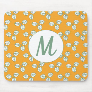 Mousepad Monograma de Padrão de Folha Branca e Laranja Mode