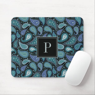 Mousepad Monograma de Padrão de Paisley Azul Elegante